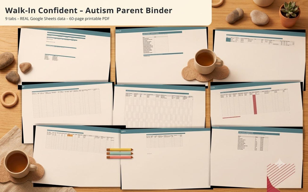A printable binder set titled Walk-In Confident - Autism Parent Binder, featuring 9 tabs, real Google Sheets data, and 60 pages. The document displays various spreadsheet layouts with teal headers, tables, and rows on white paper sheets.