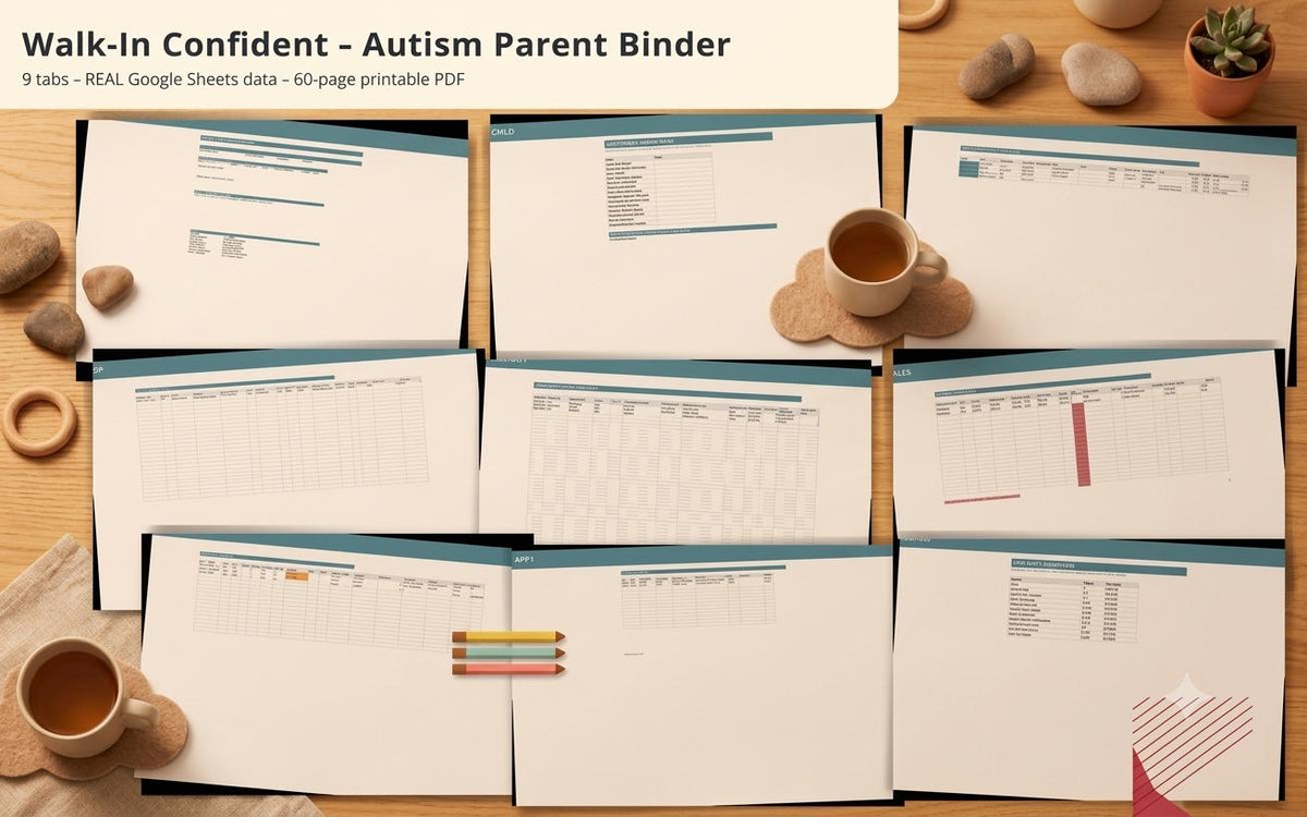 A printable binder set titled Walk-In Confident - Autism Parent Binder, featuring 9 tabs, real Google Sheets data, and 60 pages. The document displays various spreadsheet layouts with teal headers, tables, and rows on white paper sheets.