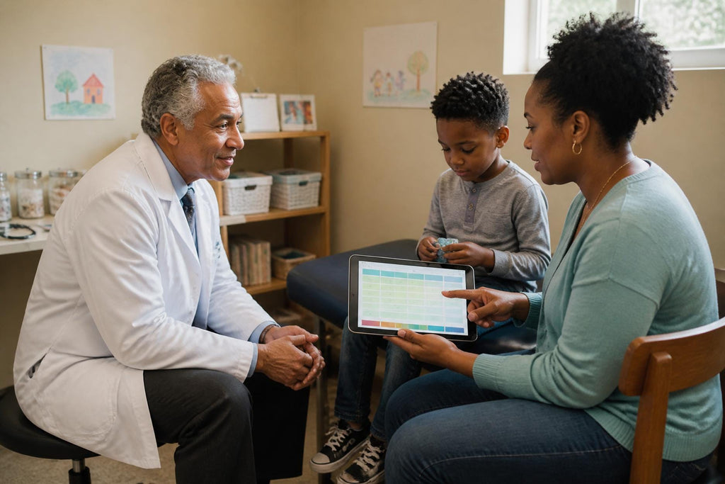 A medical professional in a white coat sits across from a child and an adult who are holding a tablet displaying a colorful grid chart. The scene takes place in a clinical office setting with shelves containing various storage containers.