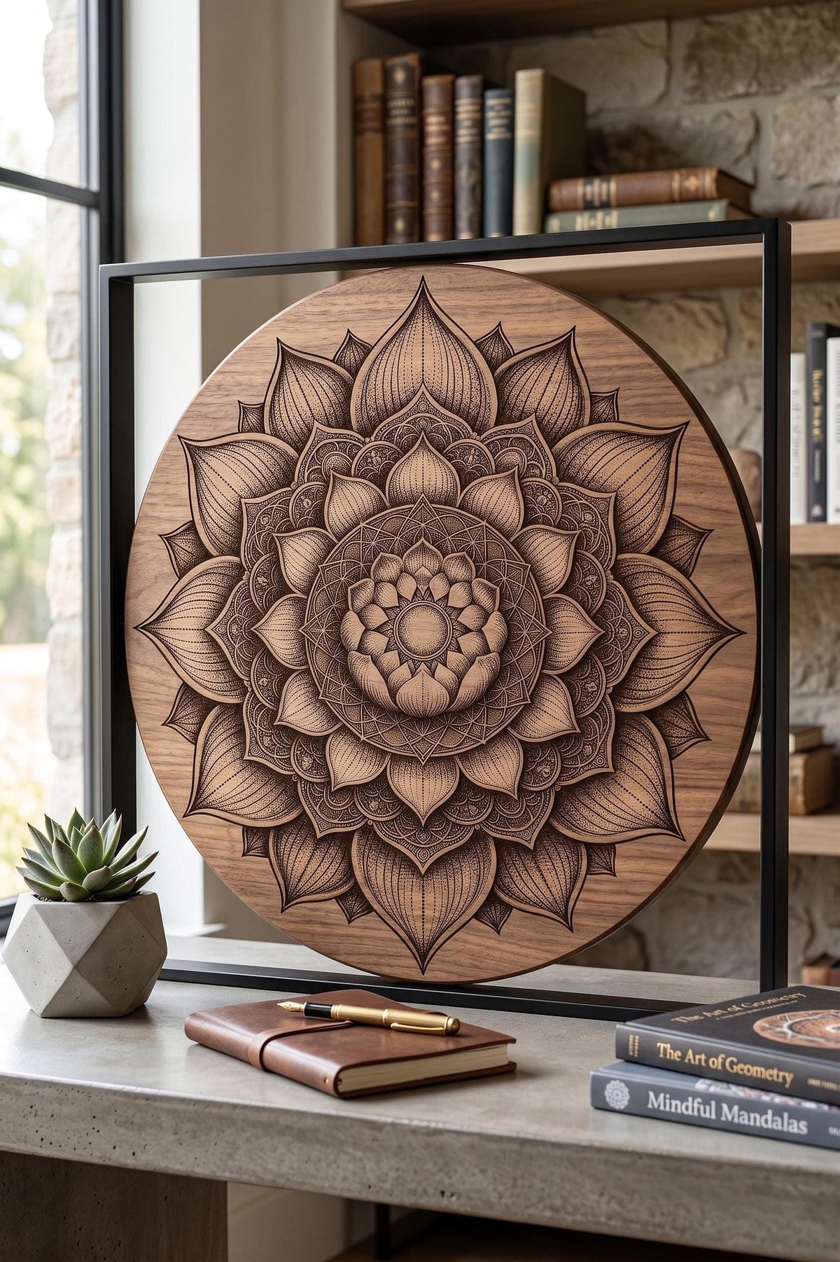 A round wooden wall plaque featuring a laser-engraved lotus mandala design, displayed on a desk with books and a small potted succulent.