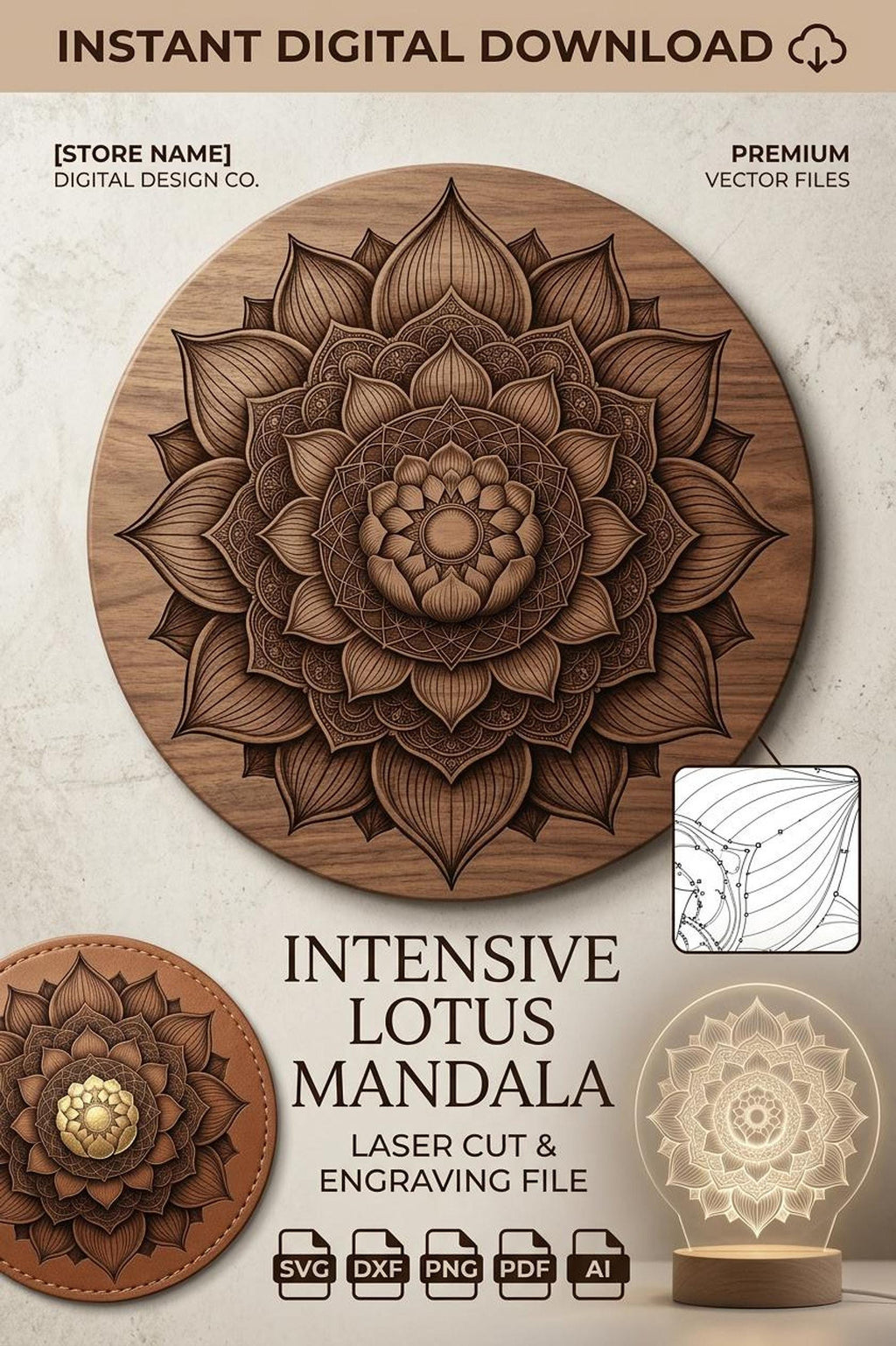 Promotional image for a digital vector file showing the round wooden lotus mandala graphic alongside file format icons and smaller sample renderings.