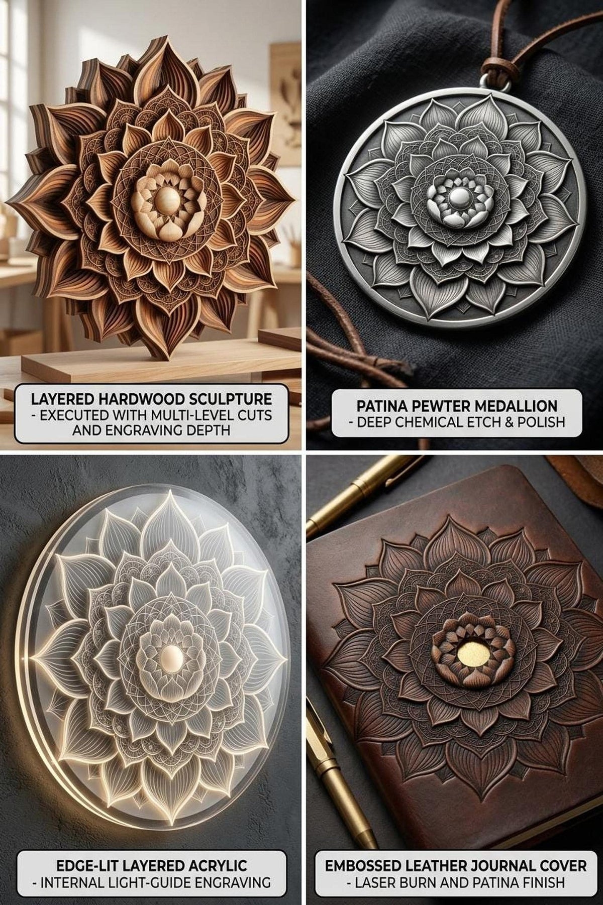 A four-panel grid showing the lotus mandala design applied to different mediums including layered hardwood, a pewter medallion, an edge-lit acrylic panel, and an embossed leather journal cover.