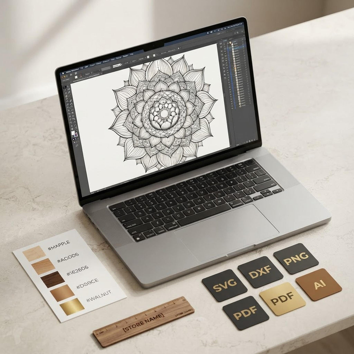 Flat lay showing vector design software on a laptop displaying the lotus mandala file formats.