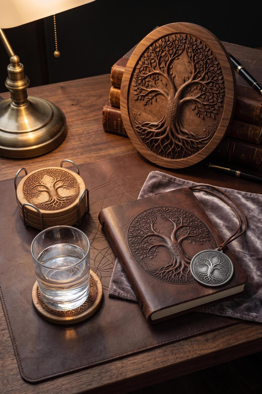 A desk arrangement showcasing a wooden Tree of Life plaque, a leather journal, coasters, and a pendant.