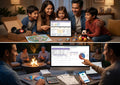 A split-screen image showing a family planning a trip with a Mickey Mouse ear hat in a box, a park map, and a tablet displaying a trip itinerary, alongside a person using a computer and phone to manage travel expenses and receipts.
