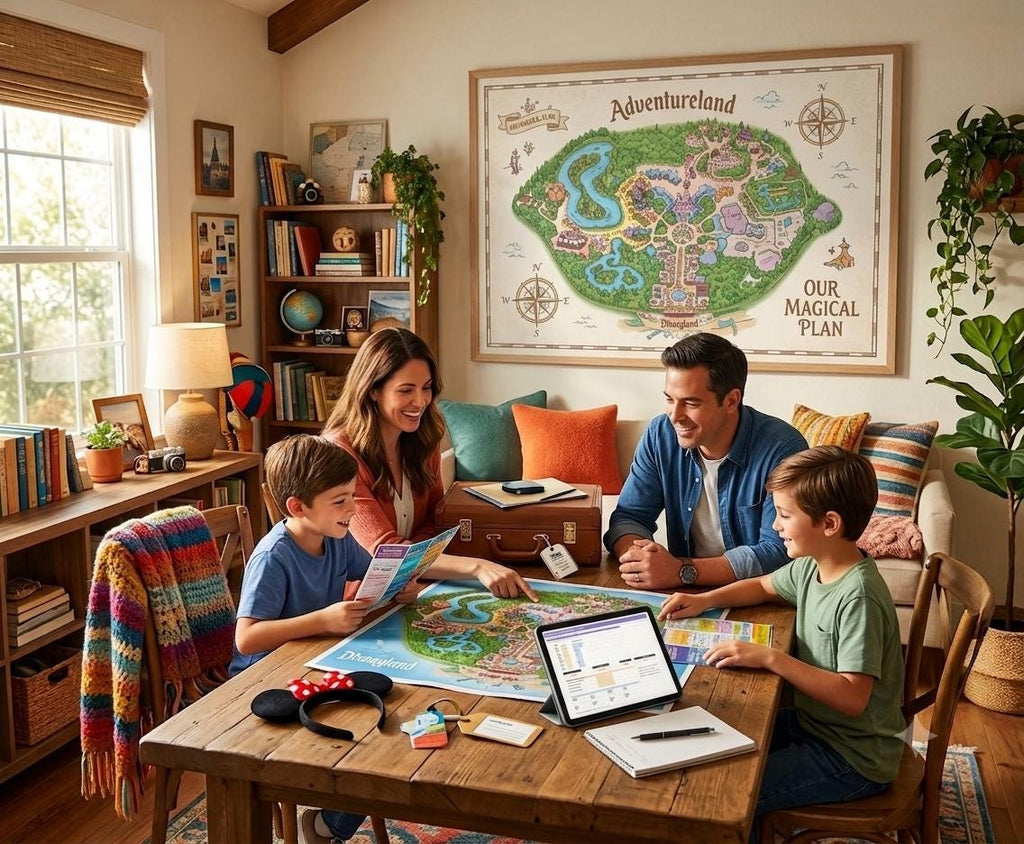 A family sits at a wooden table reviewing a Disneyland Adventureland map and a tablet. A large framed map titled Adventureland Our Magical Plan hangs on the wall. A pair of black mouse ears with a red bow rests on the table surface.
