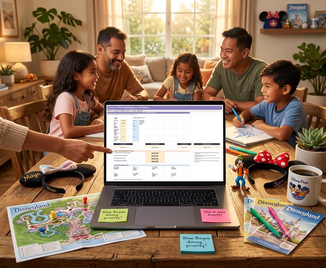 A silver laptop sits on a wooden table displaying a spreadsheet titled Disney Park Planning & Coordination. The screen shows columns for dining and attractions. Sticky notes are attached to the laptop deck and table surface.