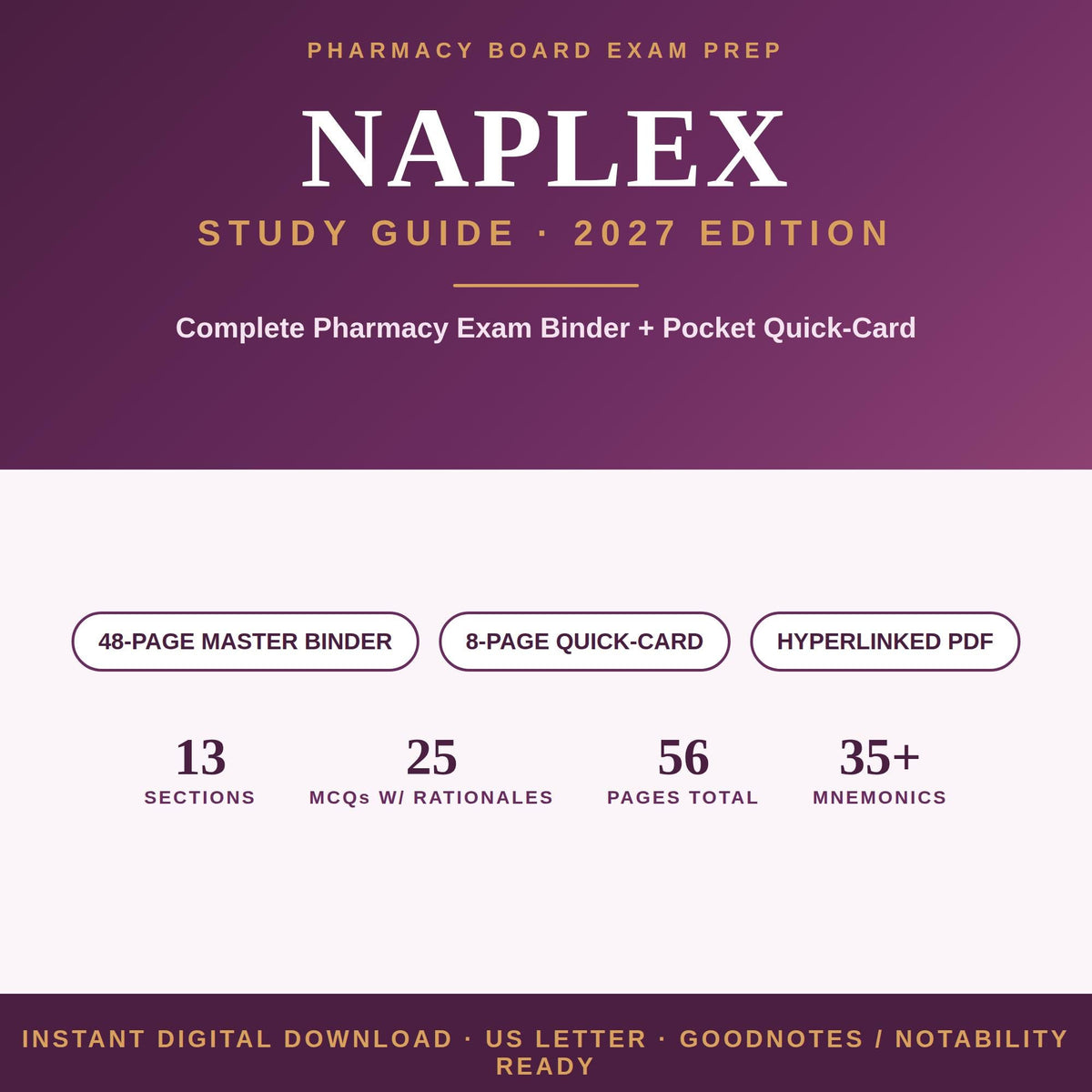 A NAPLEX study guide 2027 edition for pharmacy board exam prep. Includes a 48-page master binder, 8-page quick-card, and hyperlinked PDF. Features 13 sections, 25 MCQs with rationales, 56 pages total, and 35+ mnemonics. Instant digital download.