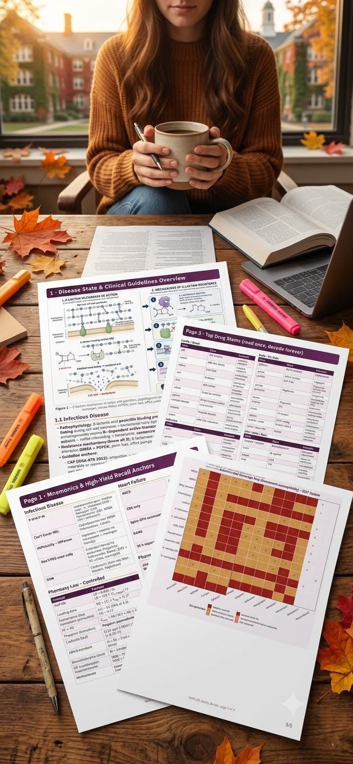 A collection of printed medical study sheets featuring charts, tables, and diagrams titled Disease State & Clinical Guidelines Overview, Page 3 - Top Drug Stems, and Page 1 - Mnemonics & High-Yield Recall Anchors with red and white grids.