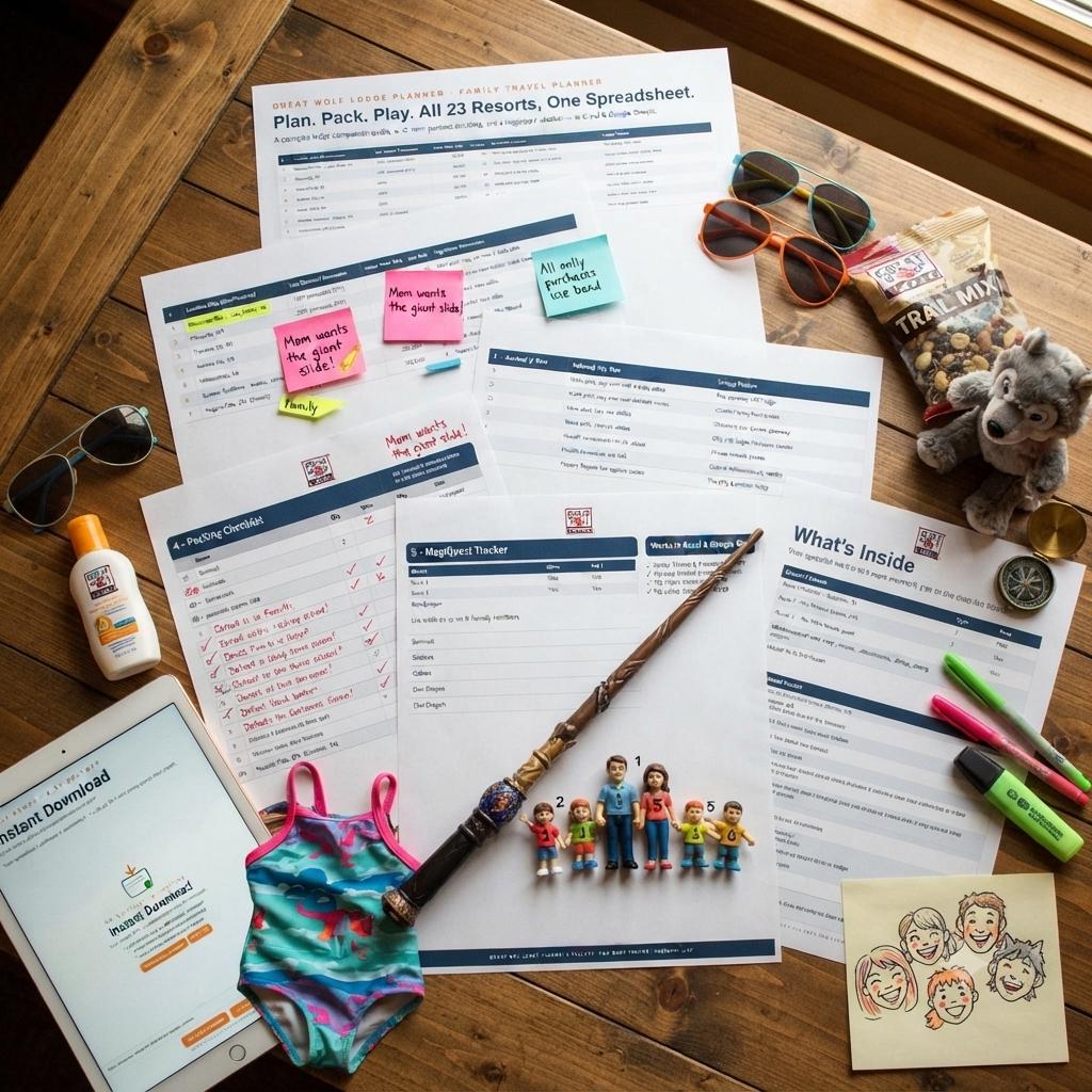 A collection of Great Wolf Lodge travel planning documents, a tablet displaying an instant download page, a child's swimsuit, a toy wand, five small family figurines, sunglasses, a bag of trail mix, a plush wolf, and markers.