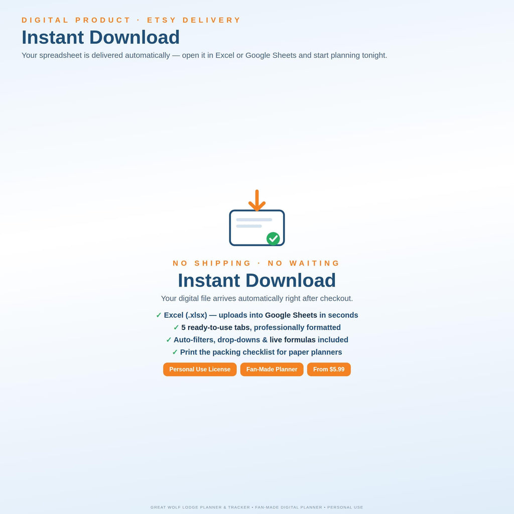 A digital product information graphic for an instant download spreadsheet. It features text detailing Excel and Google Sheets compatibility, five ready-to-use tabs, auto-filters, drop-downs, live formulas, and a printable packing checklist.