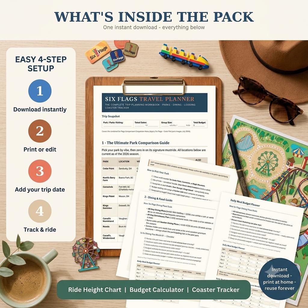A Six Flags travel planner workbook with a park comparison guide, dining guide, and meal budget planner on a clipboard. Includes a roller coaster toy, a ferris wheel toy, sunglasses, a pen, and a printed map of an amusement park.