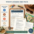 A Six Flags travel planner workbook with a park comparison guide, dining guide, and meal budget planner on a clipboard. Includes a roller coaster toy, a ferris wheel toy, sunglasses, a pen, and a printed map of an amusement park.