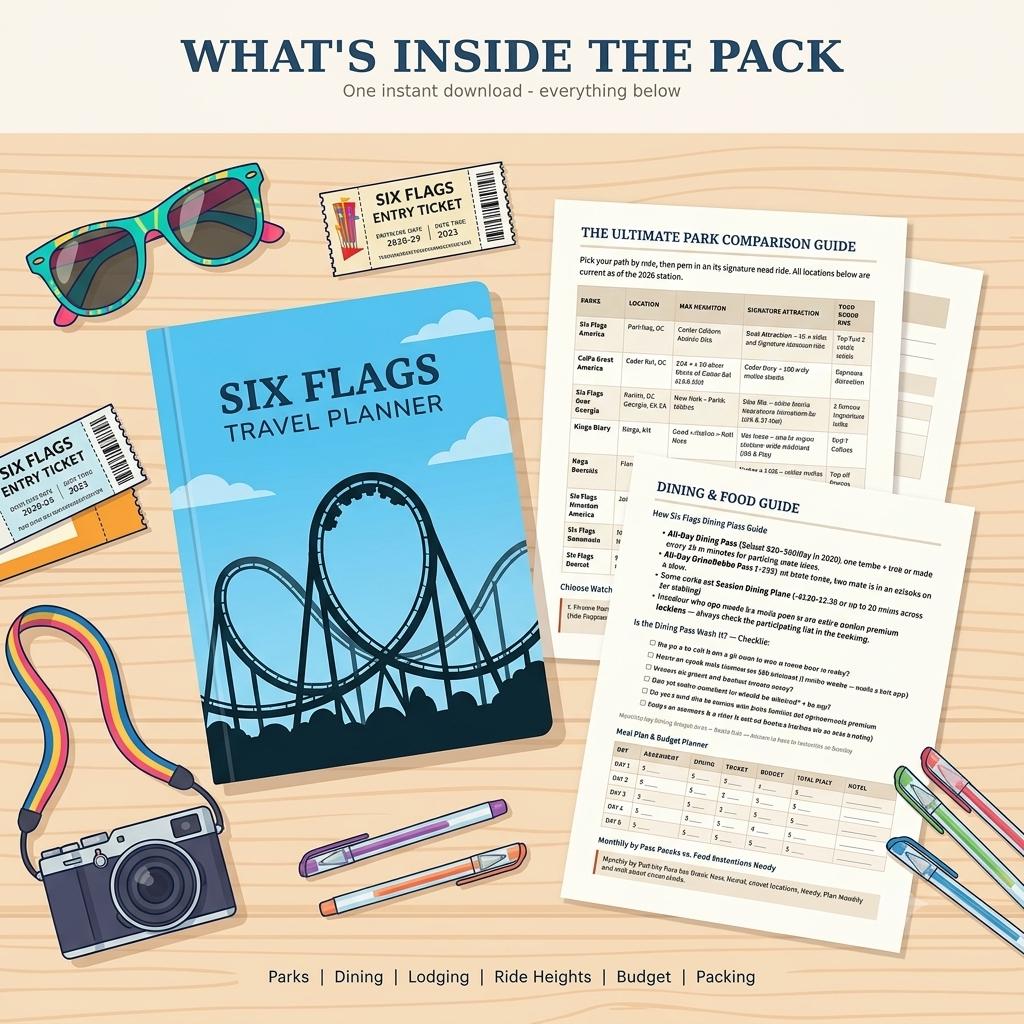 A Six Flags travel planner, two entry tickets, a camera with a rainbow strap, sunglasses, two pens, and two printed guide sheets titled The Ultimate Park Comparison Guide and Dining & Food Guide, all arranged on a light wood surface.