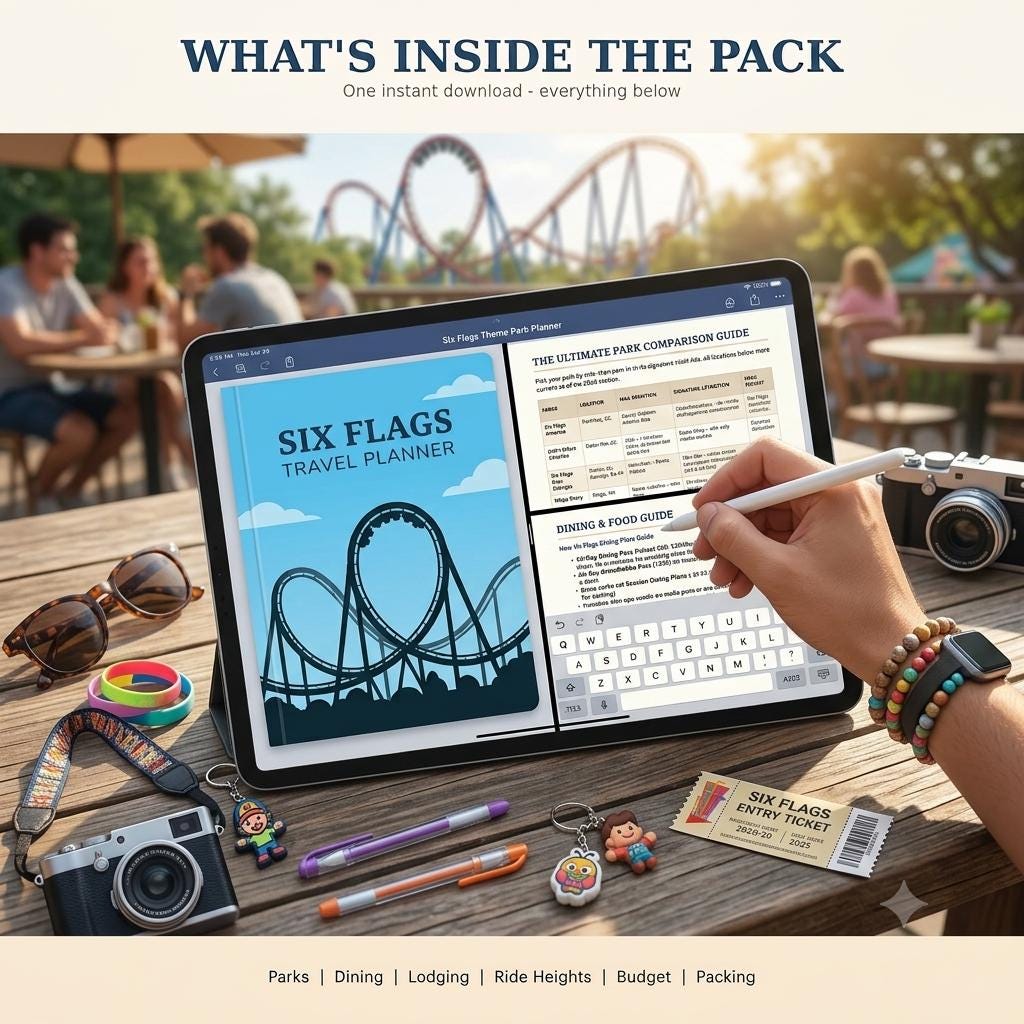 A digital tablet displaying a Six Flags Travel Planner with a roller coaster graphic, a comparison guide, and a dining guide. Accessories include two cameras, two pens, two keychains, a ticket, and colorful beaded bracelets.
