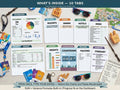 A digital travel planner workbook featuring ten tabbed sections including Dashboard, Resorts, Dining, Hotels, Rides, Heights, Countdown, Packing, and Itinerary. The layout displays budget charts, checklists, and schedules for a theme park trip.