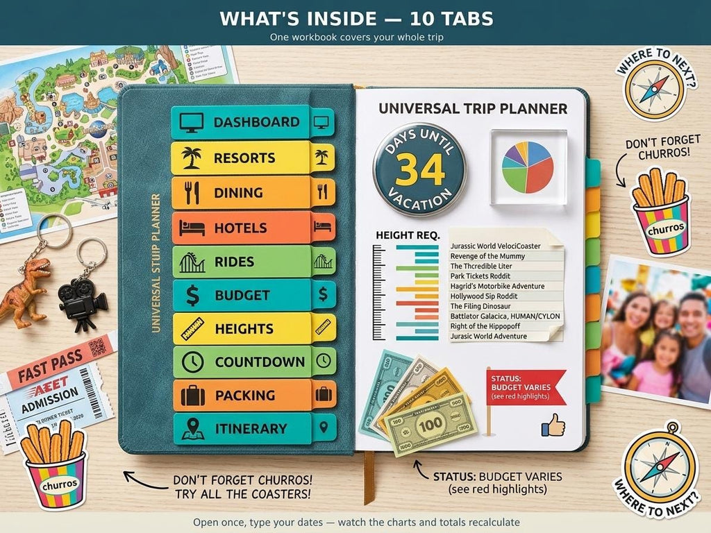 A teal Universal Trip Planner workbook with ten labeled tabs including Dashboard, Resorts, Dining, Hotels, Rides, Budget, Heights, Countdown, Packing, and Itinerary. The open page features a 34-day vacation countdown and height requirements.
