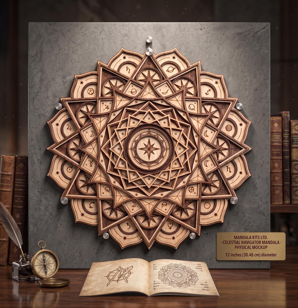 A 3D layered wooden celestial mandala wall art piece mounted on a dark textured background above an open book, compass, and inkwell on a wooden desk.