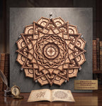 A 3D layered wooden celestial mandala wall art piece mounted on a dark textured background above an open book, compass, and inkwell on a wooden desk.