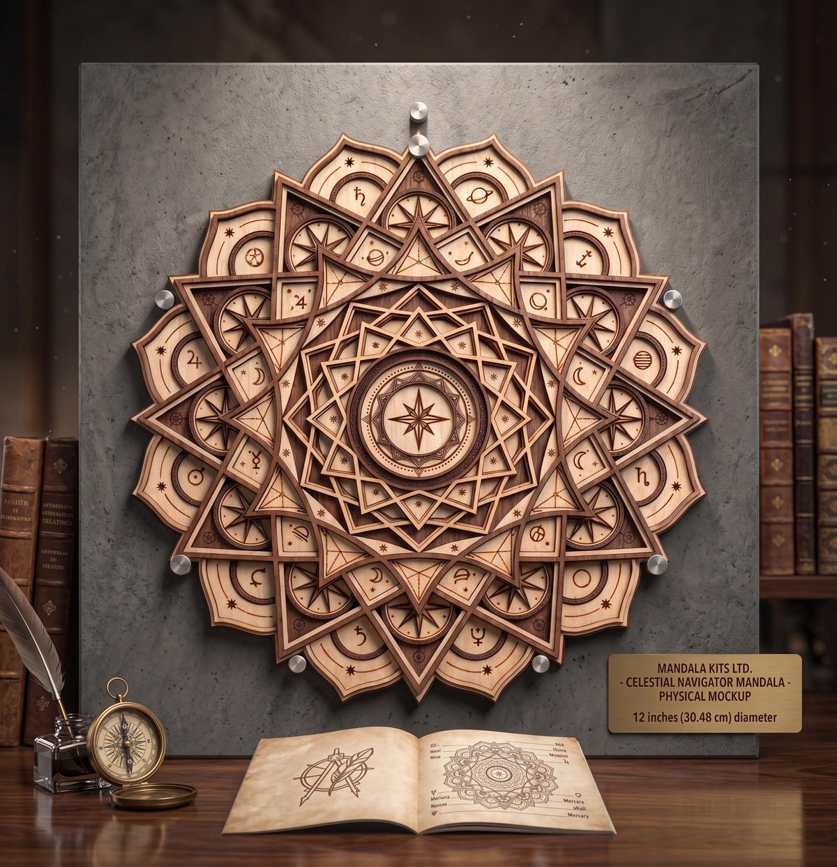 A 3D layered wooden celestial mandala wall art piece mounted on a dark textured background above an open book, compass, and inkwell on a wooden desk.