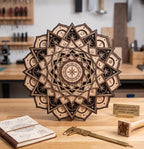 The same 3D layered wooden celestial mandala freestanding on a workshop table alongside a blueprint notebook, a brass caliper, and a small wooden stamp.