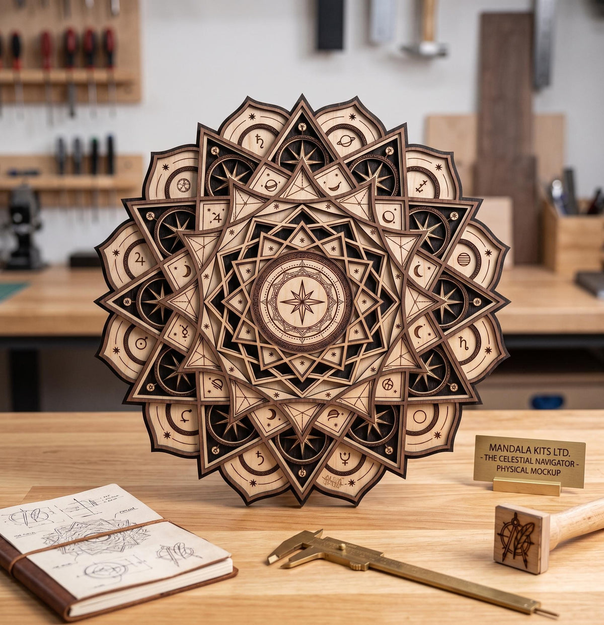 The same 3D layered wooden celestial mandala freestanding on a workshop table alongside a blueprint notebook, a brass caliper, and a small wooden stamp.