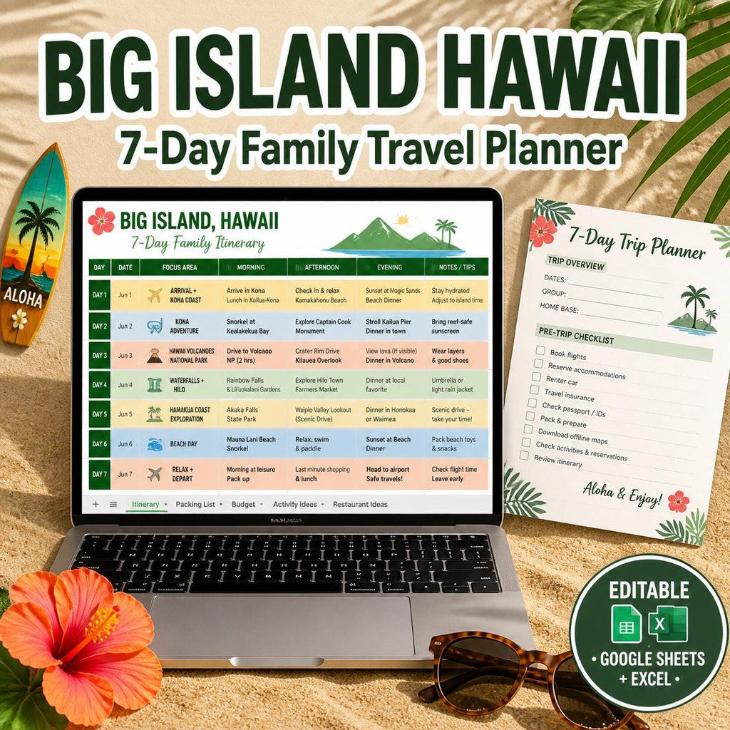 A digital 7-day family travel planner for Big Island, Hawaii displayed on a laptop screen, accompanied by a printed trip planner checklist, a surfboard-shaped sign, a hibiscus flower, and sunglasses on a sandy surface.