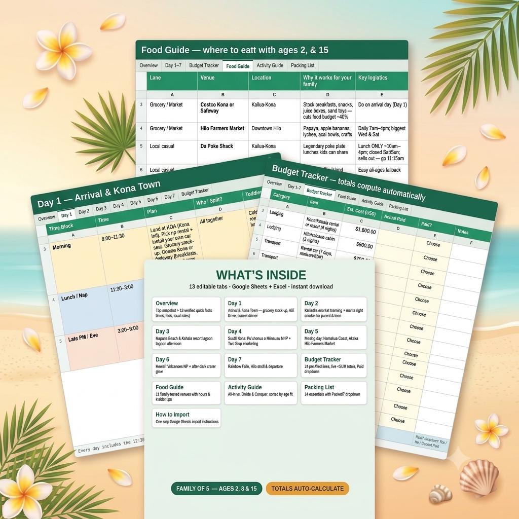 A digital travel planner template for Google Sheets and Excel featuring multiple tabs for a food guide, budget tracker, and daily itinerary. The documents display tables with columns for logistics, costs, and schedules for a family trip.