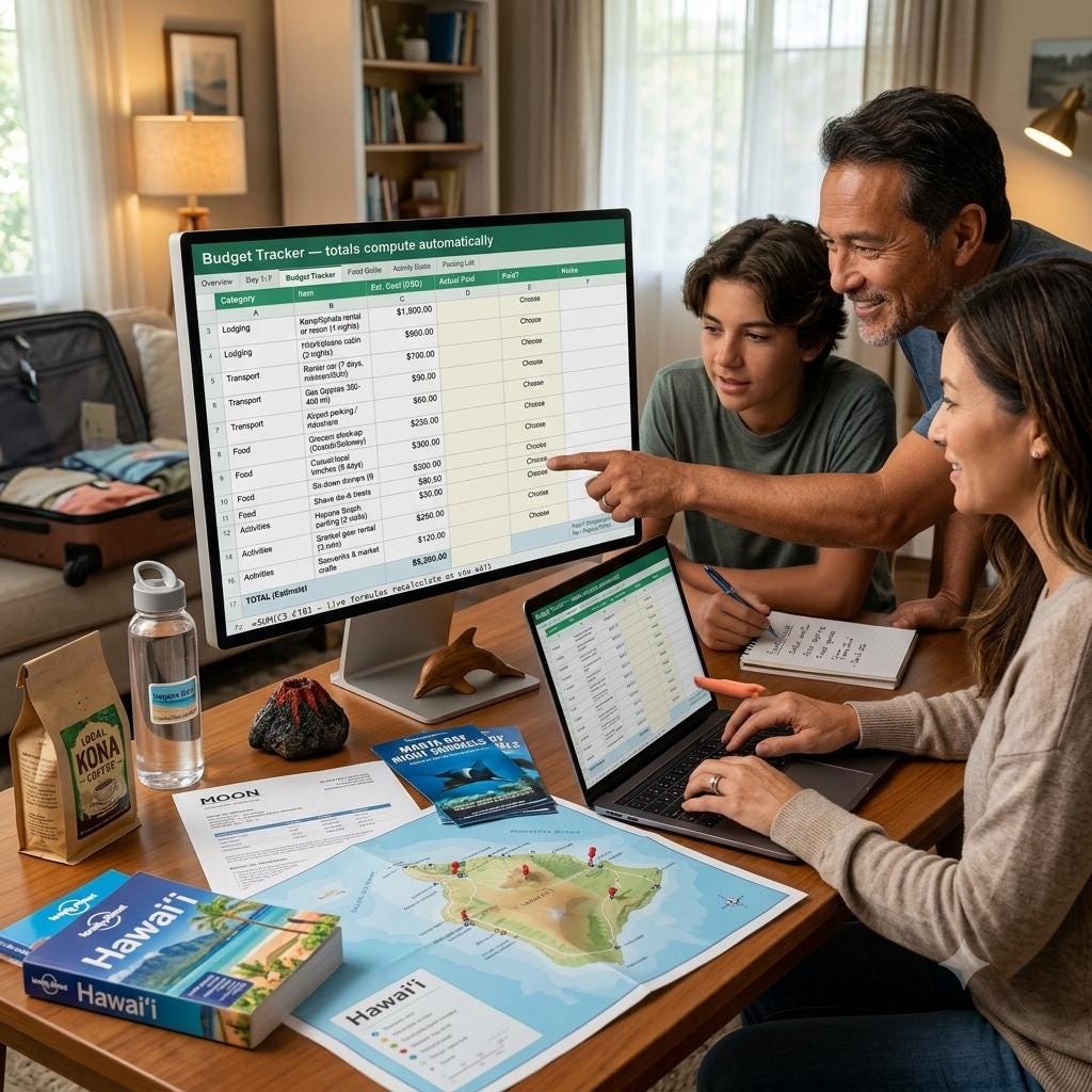 A computer monitor displaying a budget tracker spreadsheet, a laptop, a printed map of Hawaii with red pins, a travel guidebook, a bag of Kona coffee, a water bottle, and a small volcano model arranged on a wooden table for trip planning.