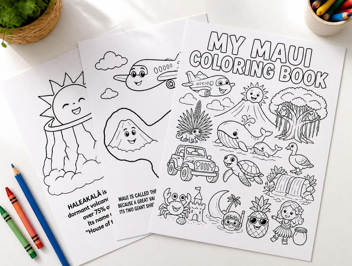 A white coloring book titled MY MAUI COLORING BOOK featuring black and white line art illustrations of a volcano, airplane, whale, turtle, jeep, pineapple, and a person. Additional pages show a sun over a volcano and an airplane.