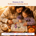 A Halloween coloring book titled Mommy & Me Halloween Coloring Book with 37 cozy pages for ages 2 and up. The cover features a line art illustration of two characters in witch hats brewing potions in flasks, surrounded by shelves of jars.