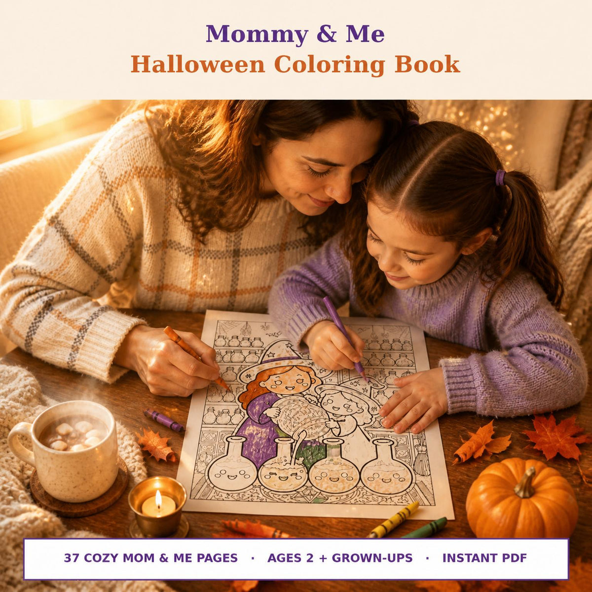 A Halloween coloring book titled Mommy & Me Halloween Coloring Book with 37 cozy pages for ages 2 and up. The cover features a line art illustration of two characters in witch hats brewing potions in flasks, surrounded by shelves of jars.