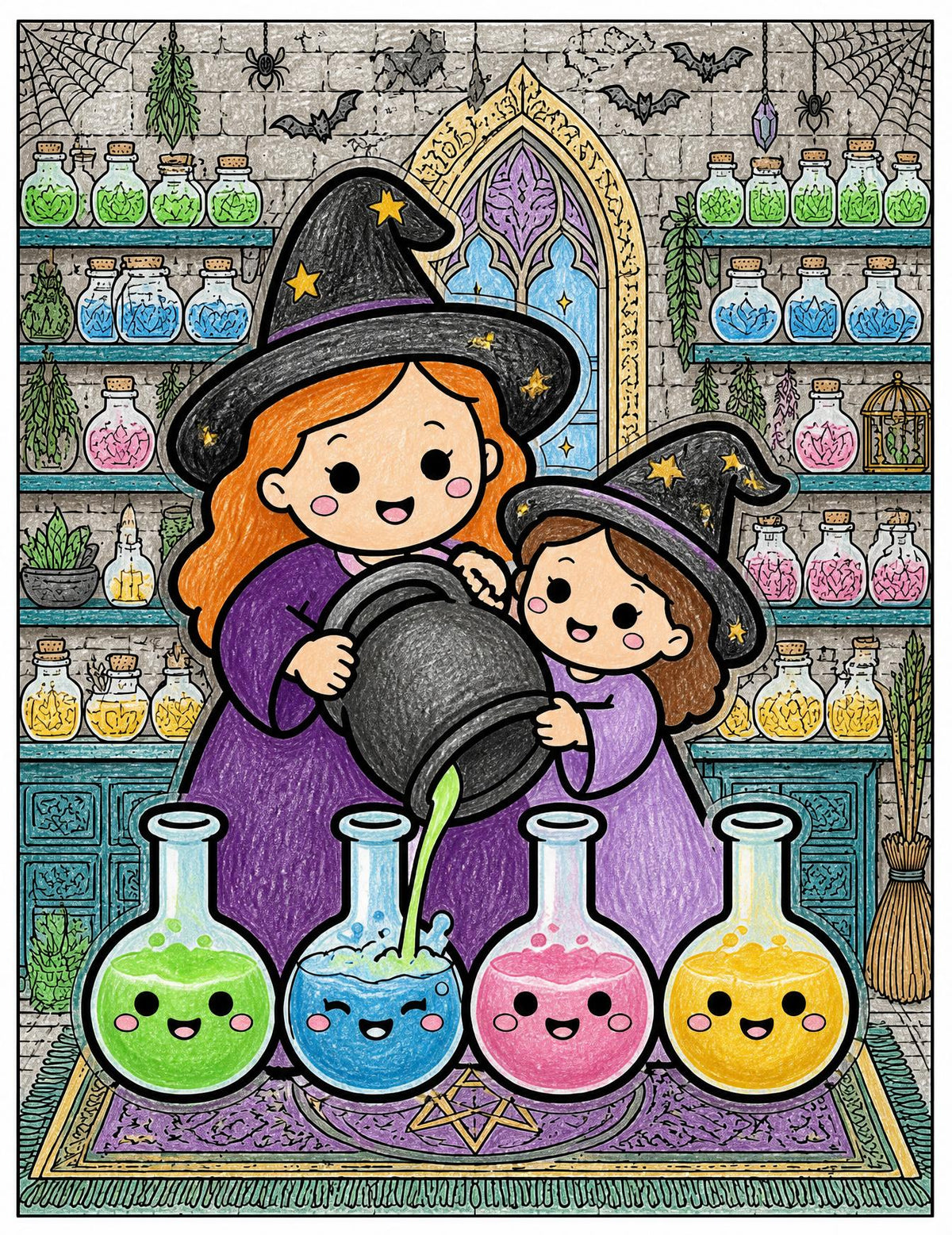 A colored drawing of two figures in purple robes and pointed hats pouring a green liquid from a black cauldron into four round glass flasks with smiling faces, set against a background of shelves filled with various potion bottles.