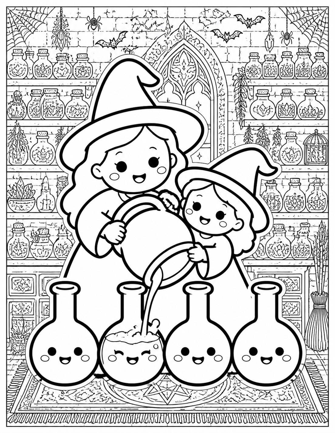 A black and white coloring page illustration featuring two figures wearing pointed hats pouring liquid from a large pot into four round, smiling glass flasks. The background shows shelves filled with various potion bottles and a stone wall.