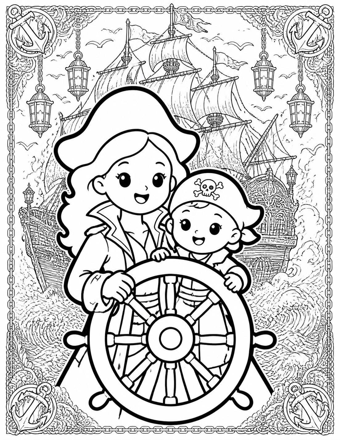 A black and white coloring page illustration featuring two pirate characters standing behind a large ship steering wheel. In the background, a tall sailing ship navigates rough ocean waves, framed by hanging lanterns and anchor motifs.