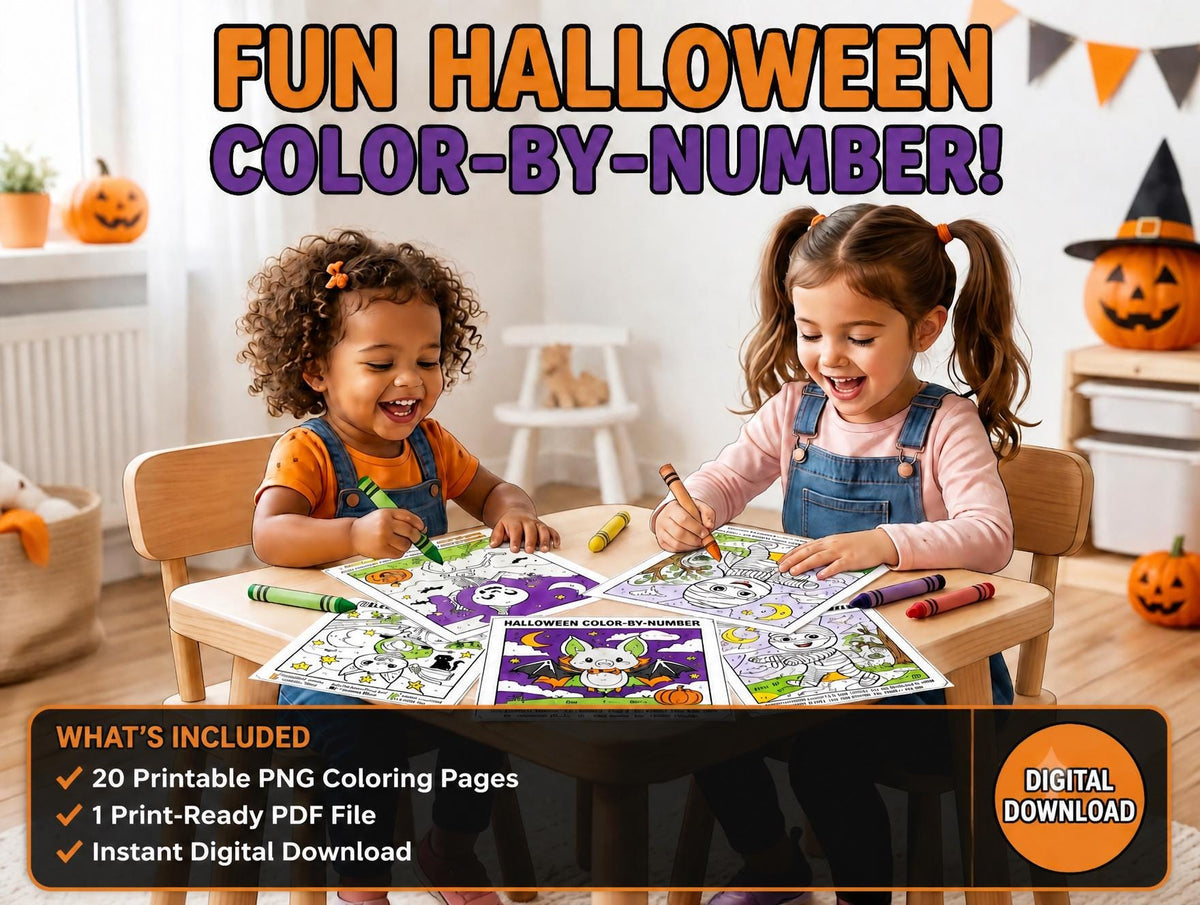 A digital download set titled FUN HALLOWEEN COLOR-BY-NUMBER! featuring 20 printable PNG coloring pages and 1 print-ready PDF file. The pages display Halloween-themed illustrations of bats, ghosts, and pumpkins for coloring activities.