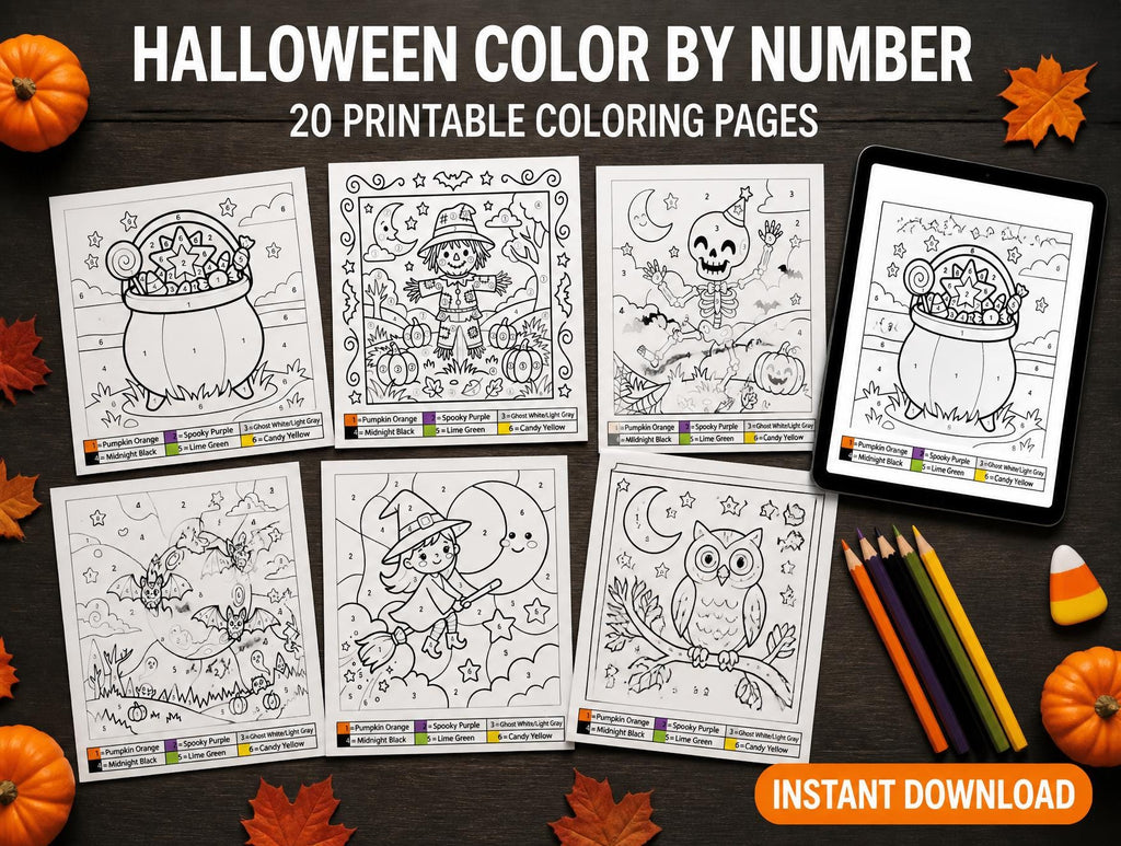 A set of 20 printable Halloween color by number pages featuring black and white line art of a cauldron, scarecrow, skeleton, bats, witch, and owl. Each page includes a numbered color key. A tablet displays one page, with colored pencils nearby.