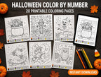 A set of 20 printable Halloween color by number pages featuring black and white line art of a cauldron, scarecrow, skeleton, bats, witch, and owl. Each page includes a numbered color key. A tablet displays one page, with colored pencils nearby.