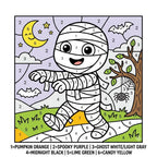 A paint-by-number coloring page featuring a cartoon mummy walking on a path. The scene includes a crescent moon, bats, a tree with a spider, and a color key at the bottom: 1=PUMPKIN ORANGE, 2=SPOOKY PURPLE, 3=GHOST WHITE/LIGHT GRAY, 4=MIDNIGHT BLACK, 5=LIME GREEN, 6=CANDY YELLOW.