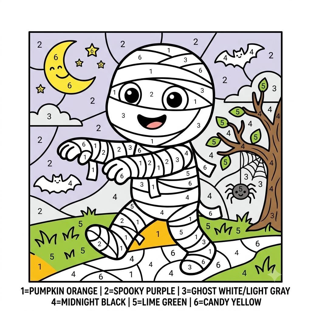 A paint-by-number coloring page featuring a cartoon mummy walking on a path. The scene includes a crescent moon, bats, a tree with a spider, and a color key at the bottom: 1=PUMPKIN ORANGE, 2=SPOOKY PURPLE, 3=GHOST WHITE/LIGHT GRAY, 4=MIDNIGHT BLACK, 5=LIME GREEN, 6=CANDY YELLOW.