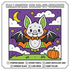 A Halloween color-by-number activity sheet featuring a central bat character with a cape and bowtie. The scene includes a purple sky, white clouds, a yellow moon, stars, and an orange pumpkin. A color key at the bottom lists numbers 1-6.