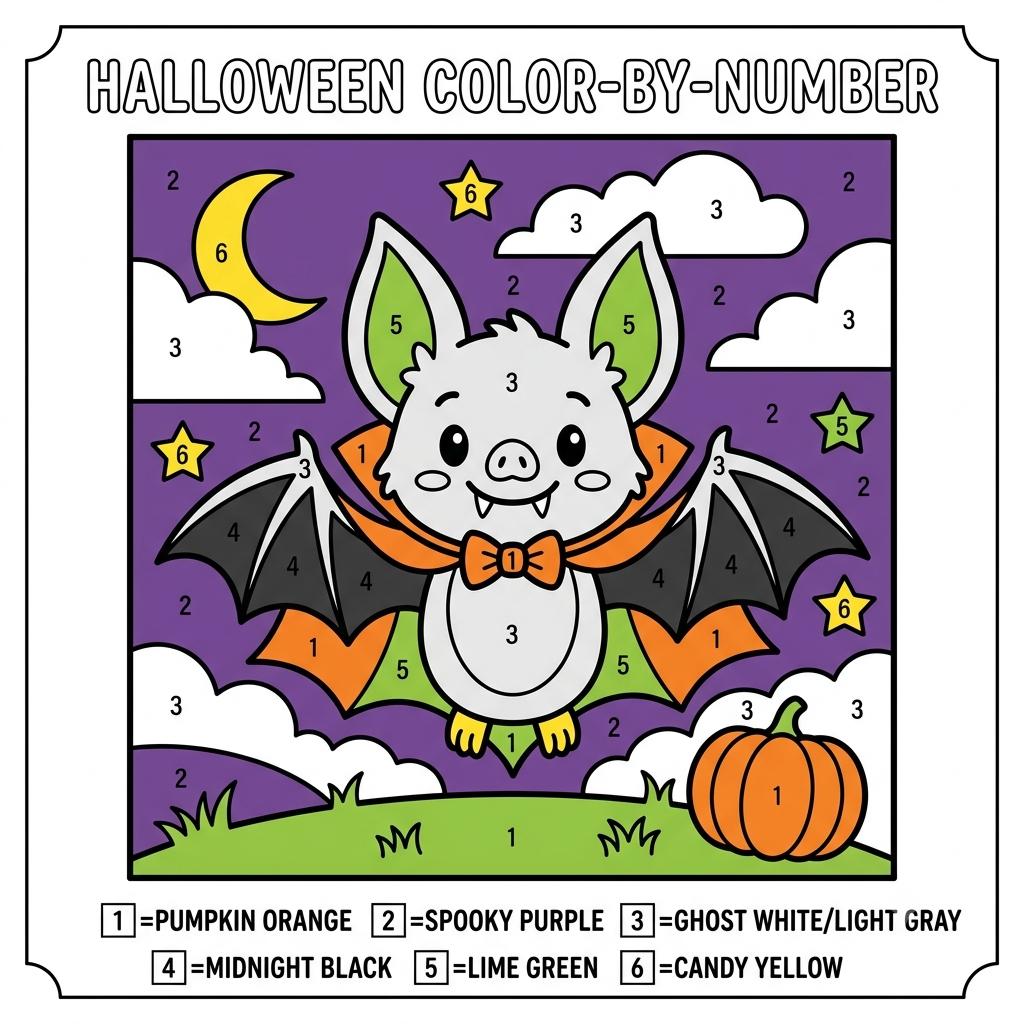 A Halloween color-by-number activity sheet featuring a central bat character with a cape and bowtie. The scene includes a purple sky, white clouds, a yellow moon, stars, and an orange pumpkin. A color key at the bottom lists numbers 1-6.