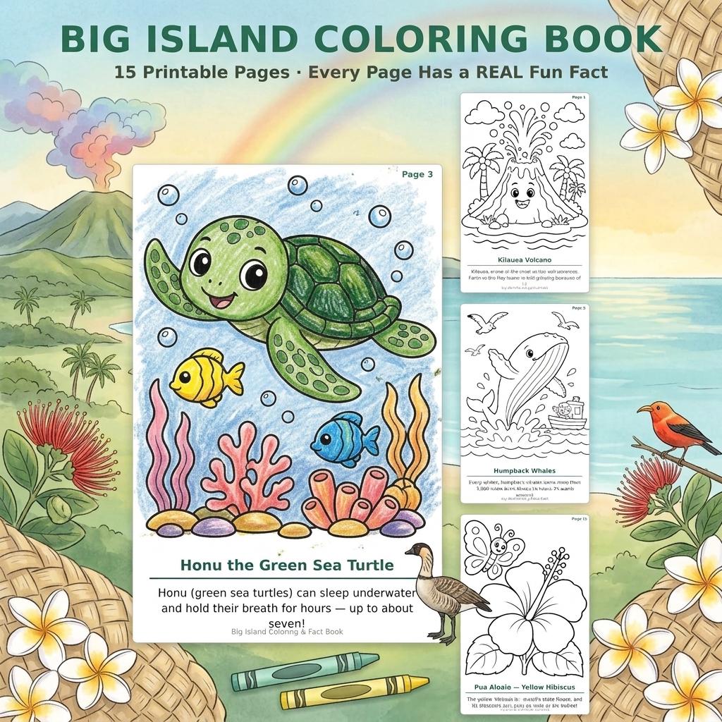 Big Island Coloring Book preview with a colored green sea turtle, fish and coral beside three black-and-white sample pages, framed by tropical flowers and island scenery.