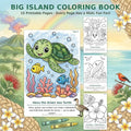 Big Island Coloring Book preview with a colored green sea turtle, fish and coral beside three black-and-white sample pages, framed by tropical flowers and island scenery.