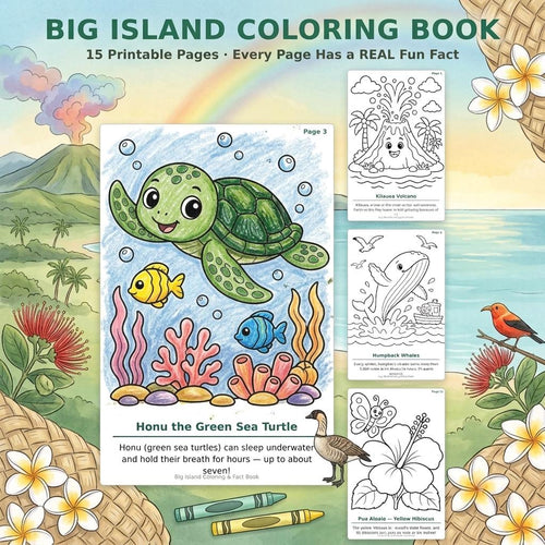 Big Island Coloring Book preview with a colored green sea turtle, fish and coral beside three black-and-white sample pages, framed by tropical flowers and island scenery.