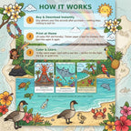 A digital coloring book guide titled How It Works featuring three steps: Buy and Download Instantly, Print at Home, and Color and Learn. The graphic displays a tropical island scene with a volcano, nene geese, sea turtles, and flowers.