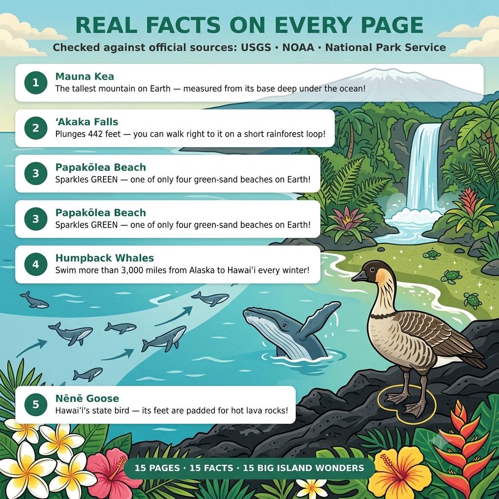 An educational infographic titled REAL FACTS ON EVERY PAGE featuring illustrations of Mauna Kea, Akaka Falls, Papakōlea Beach, humpback whales, and a Nēnē goose. Text lists facts checked against USGS, NOAA, and National Park Service sources.