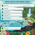 An educational infographic titled REAL FACTS ON EVERY PAGE featuring illustrations of Mauna Kea, Akaka Falls, Papakōlea Beach, humpback whales, and a Nēnē goose. Text lists facts checked against USGS, NOAA, and National Park Service sources.