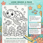 A coloring page titled Honu the Green Sea Turtle featuring a large sea turtle, two fish, bubbles, and coral. The page includes text: Look Inside a Page, Kid-Sized Art, Real Fact, Real Words, Beautiful Keepsake, and Honu the Green Sea Turtle.