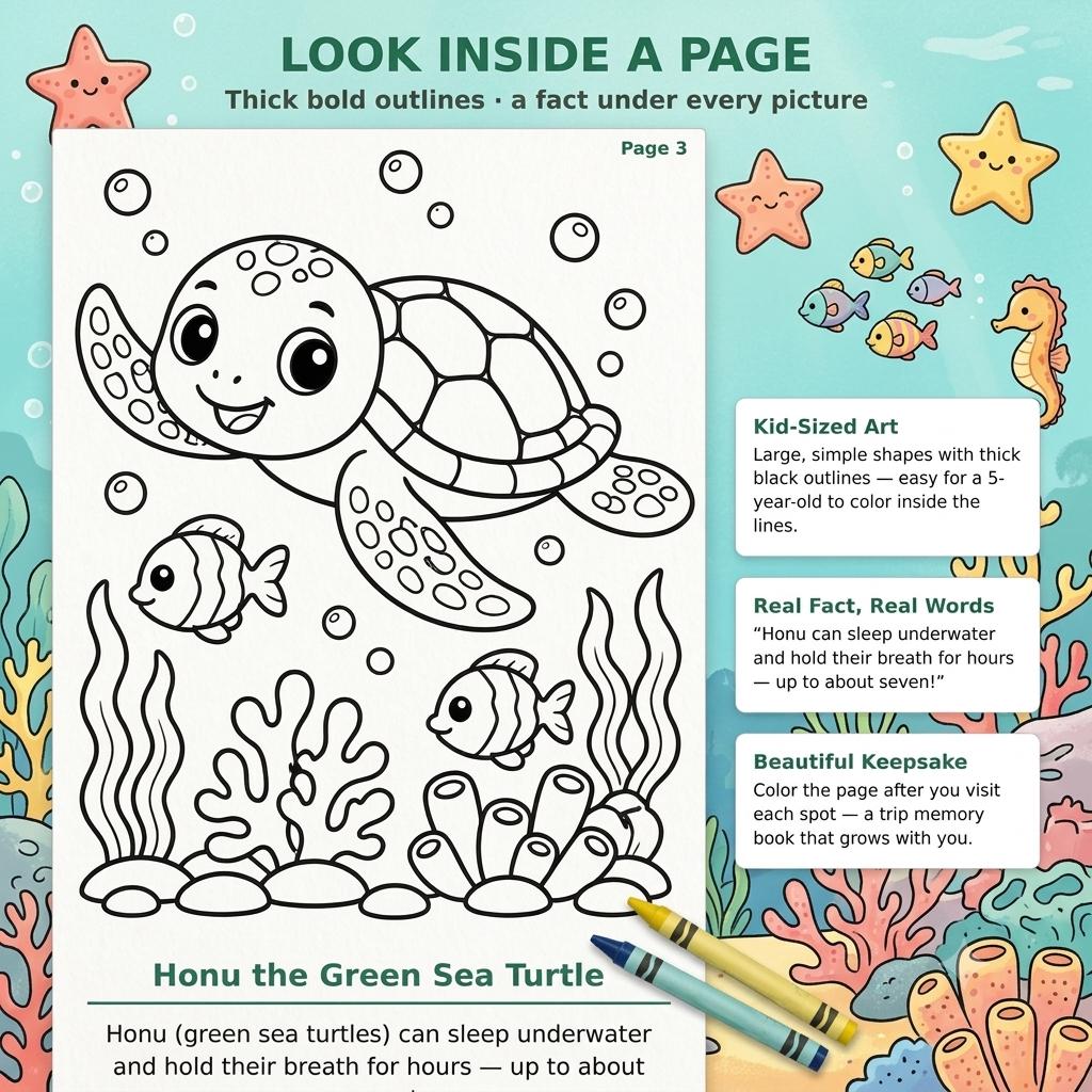 A coloring page titled Honu the Green Sea Turtle featuring a large sea turtle, two fish, bubbles, and coral. The page includes text: Look Inside a Page, Kid-Sized Art, Real Fact, Real Words, Beautiful Keepsake, and Honu the Green Sea Turtle.